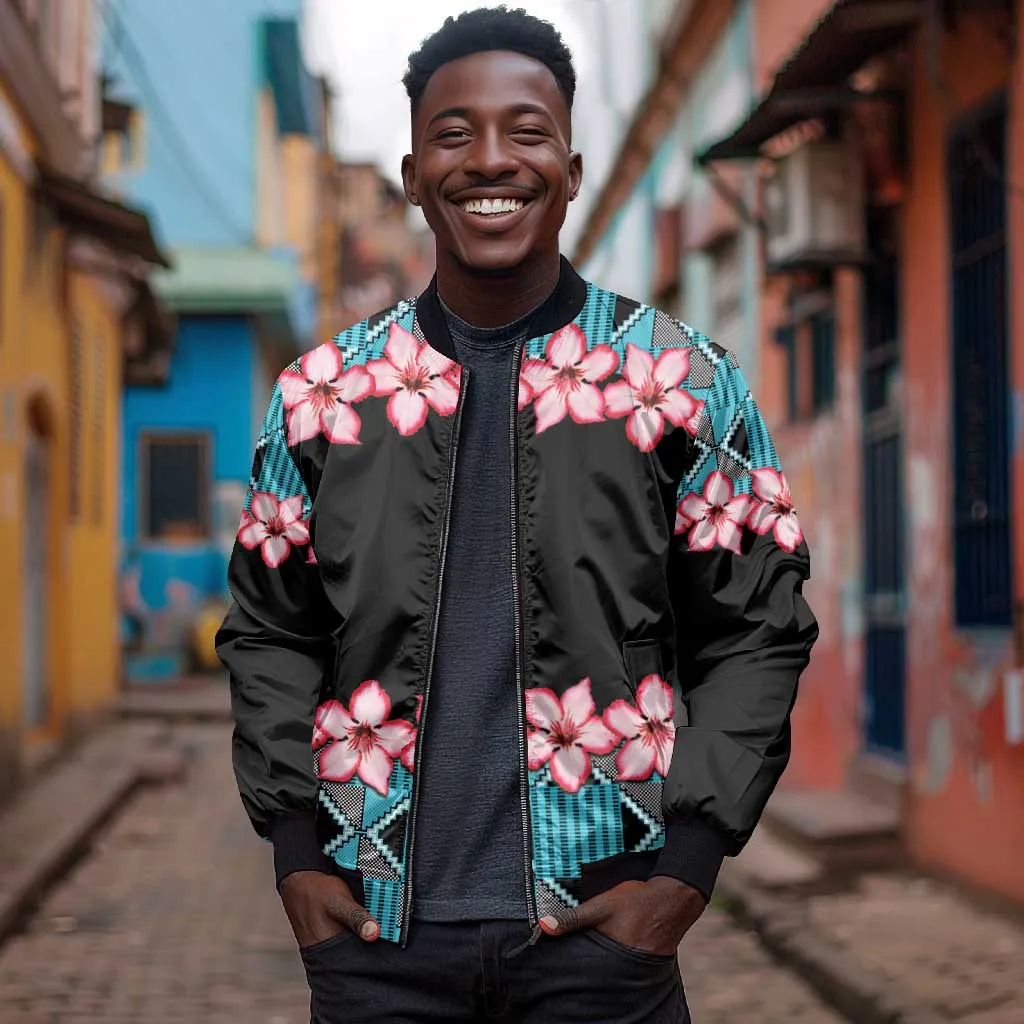 African Adenium Multiflorum Flowers Bomber Jacket with Kente Style LT9