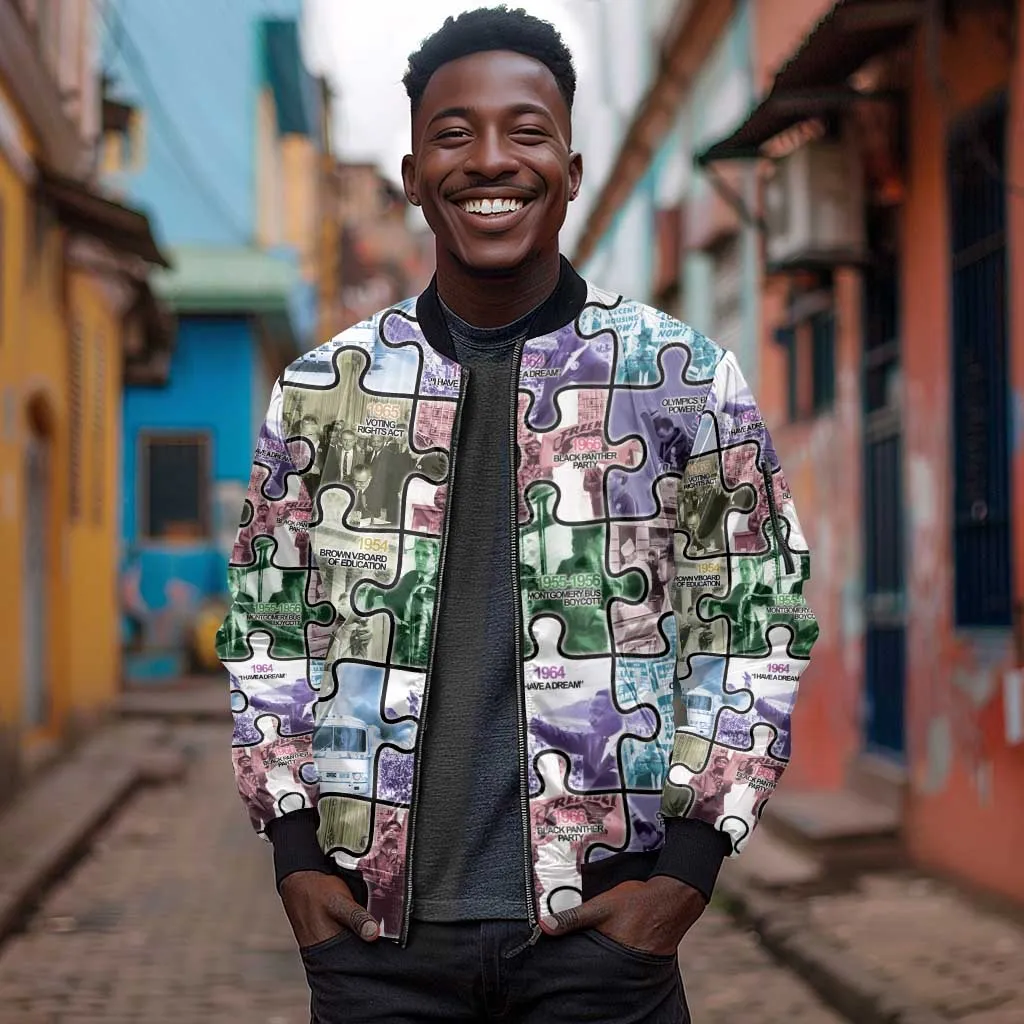 African American Sleeve Zip Bomber Jacket The Civil Rights Journey in Puzzle DT03