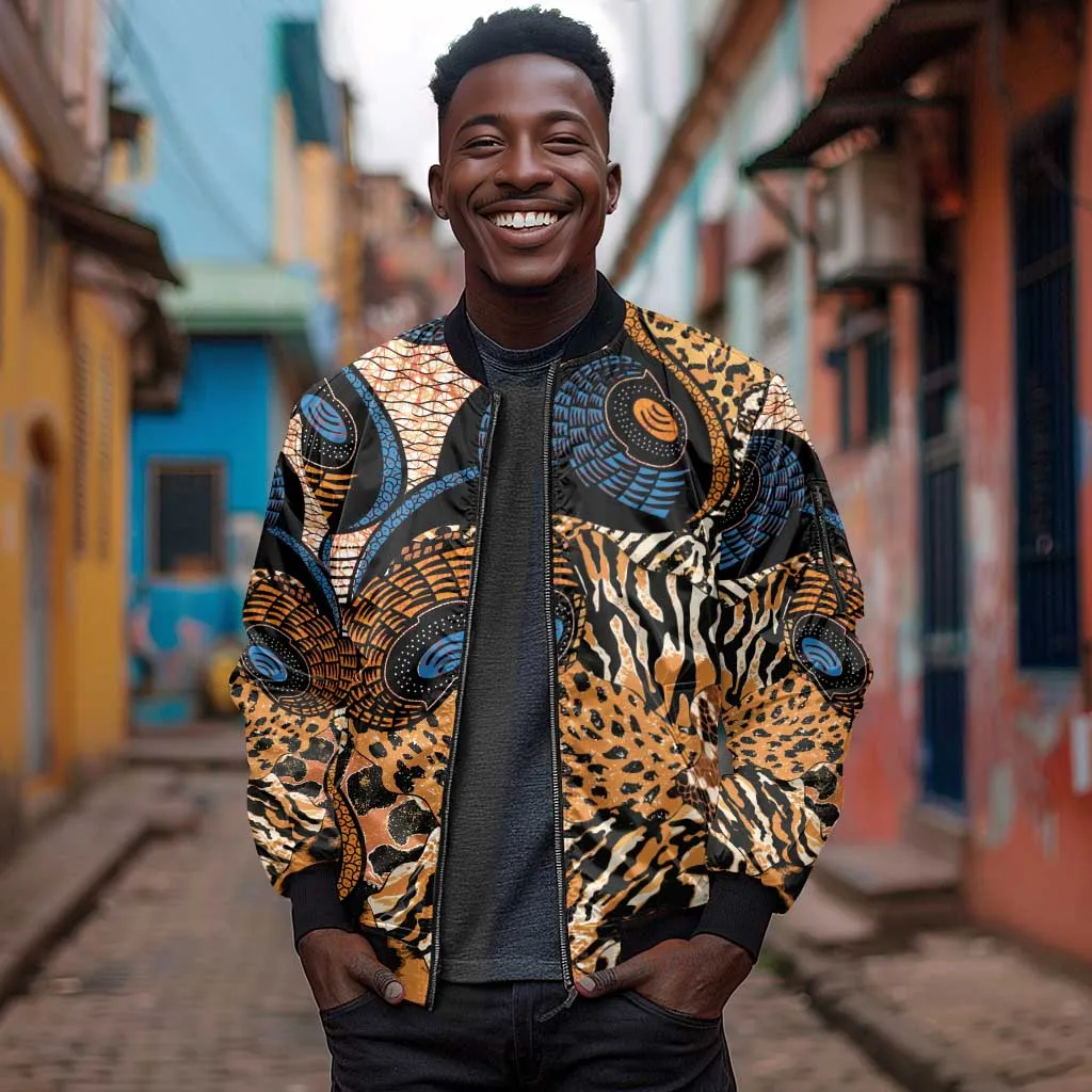 African Ankara Motifs Mixed Animal Skins Sleeve Zip Bomber Jacket LT9
