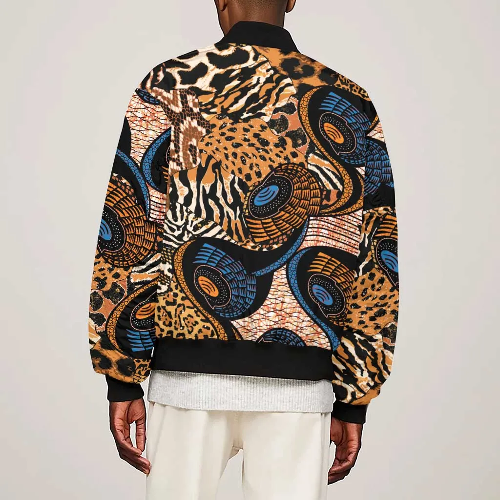 African Ankara Motifs Mixed Animal Skins Sleeve Zip Bomber Jacket LT9