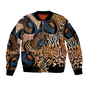 African Ankara Motifs Mixed Animal Skins Sleeve Zip Bomber Jacket LT9