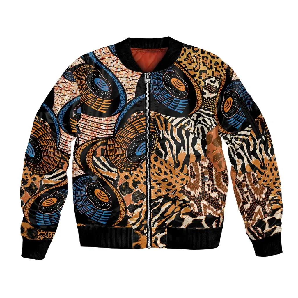 African Ankara Motifs Mixed Animal Skins Sleeve Zip Bomber Jacket LT9