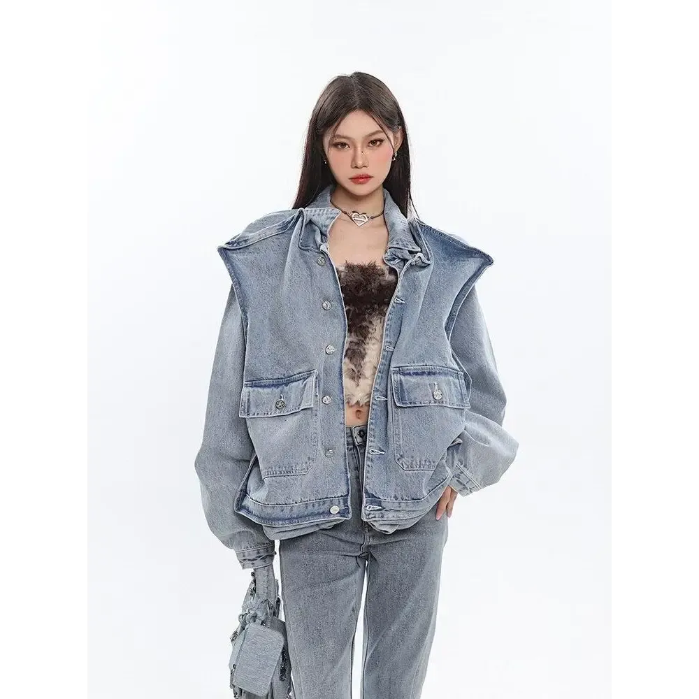 Asymmetric Design Denim Jacket with Oversized Pockets in Light Wash