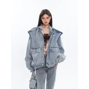 Asymmetric Design Denim Jacket with Oversized Pockets in Light Wash