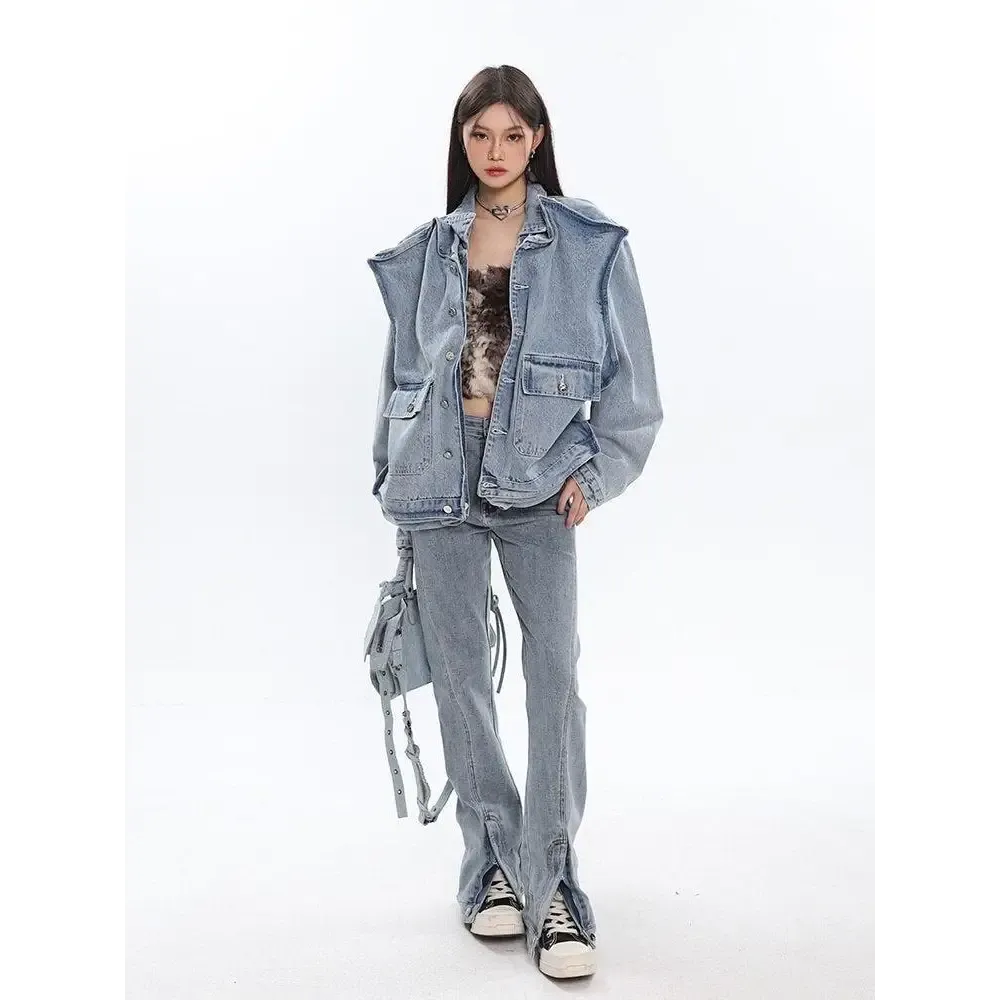 Asymmetric Design Denim Jacket with Oversized Pockets in Light Wash