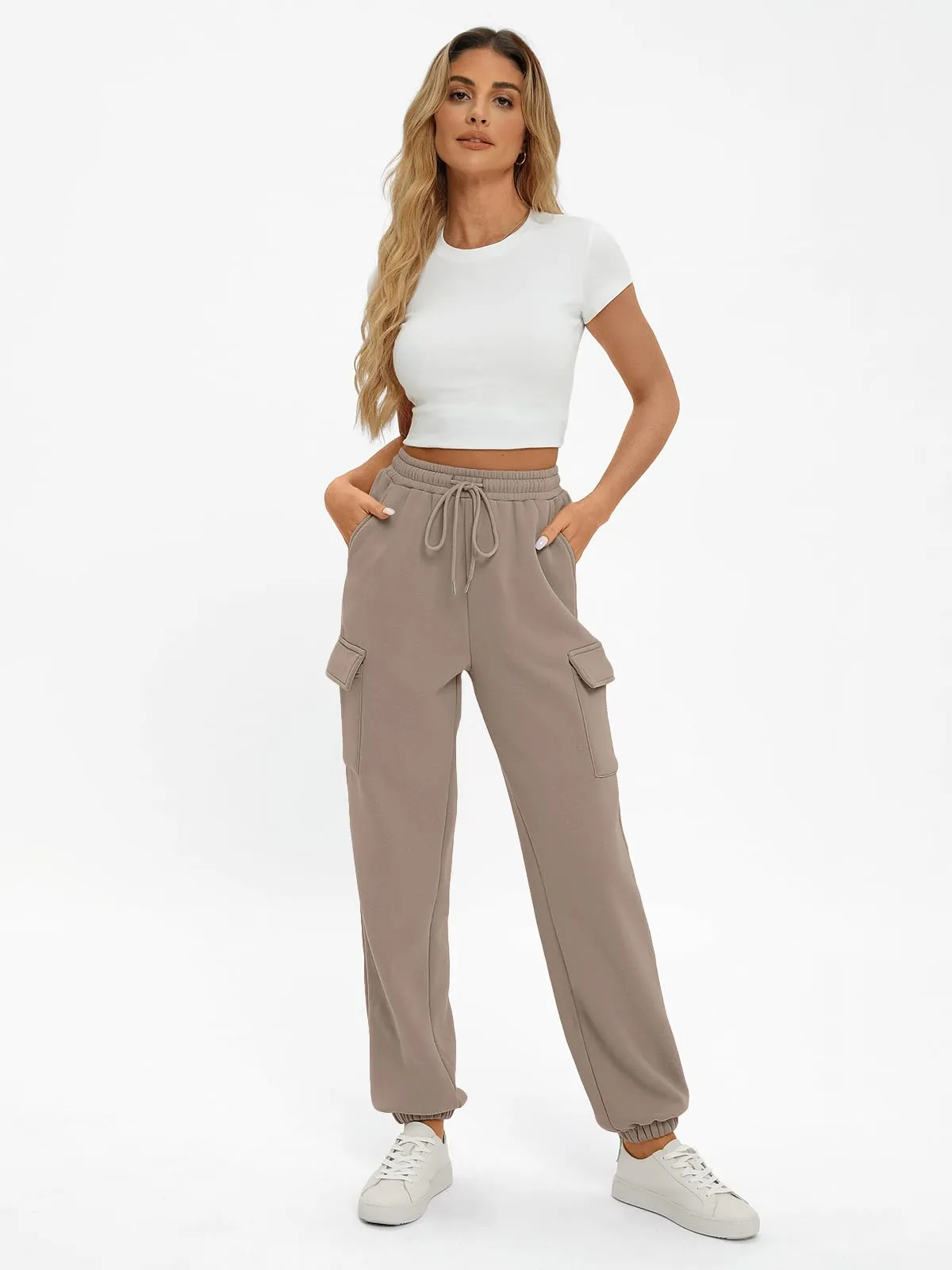 AUTOMET Womens Sweatpants Cargo Fleece Lined Baggy Athletic Jogger with Pockets 2024 Casual Trendy Pants Fall Outfits CoffeeGrey