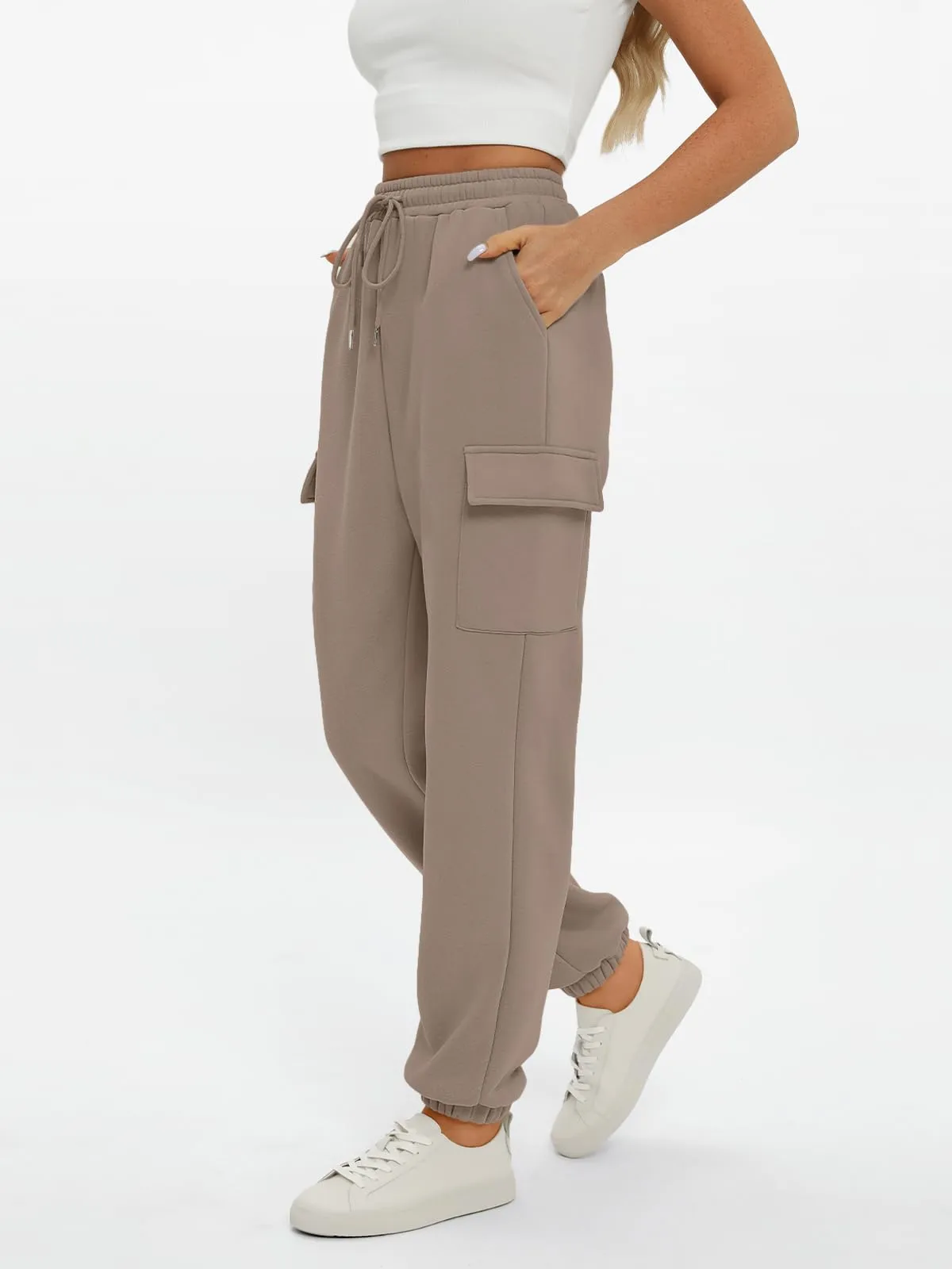 AUTOMET Womens Sweatpants Cargo Fleece Lined Baggy Athletic Jogger with Pockets 2024 Casual Trendy Pants Fall Outfits CoffeeGrey