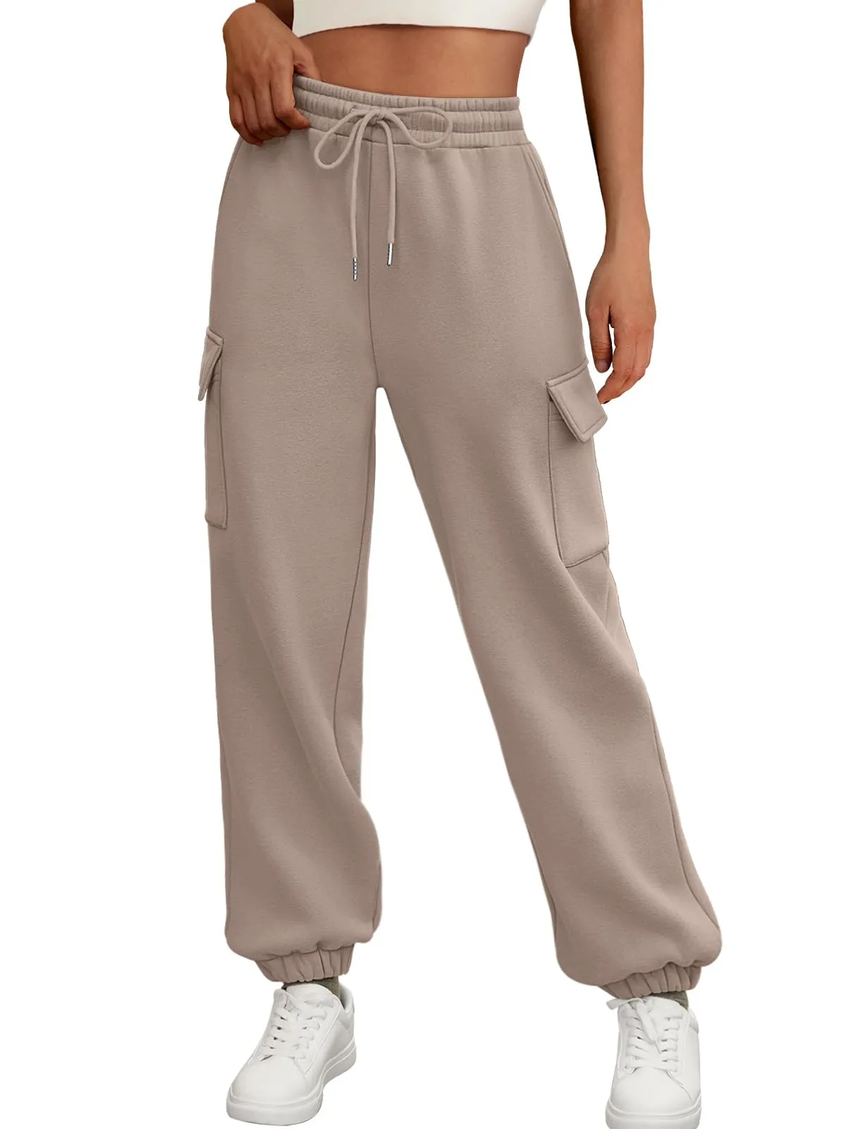 AUTOMET Womens Sweatpants Cargo Fleece Lined Baggy Athletic Jogger with Pockets 2024 Casual Trendy Pants Fall Outfits CoffeeGrey
