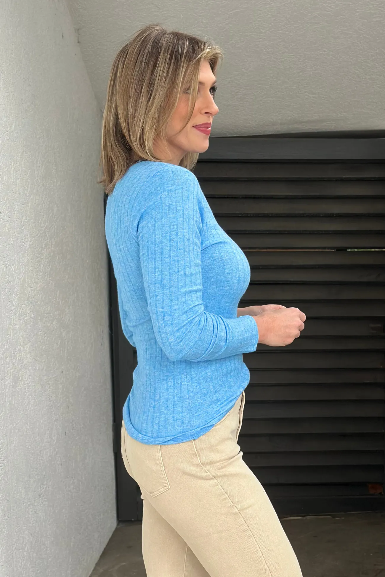 Ava Scoop Neck Ribbed Long Sleeve Top-Ocean Blue