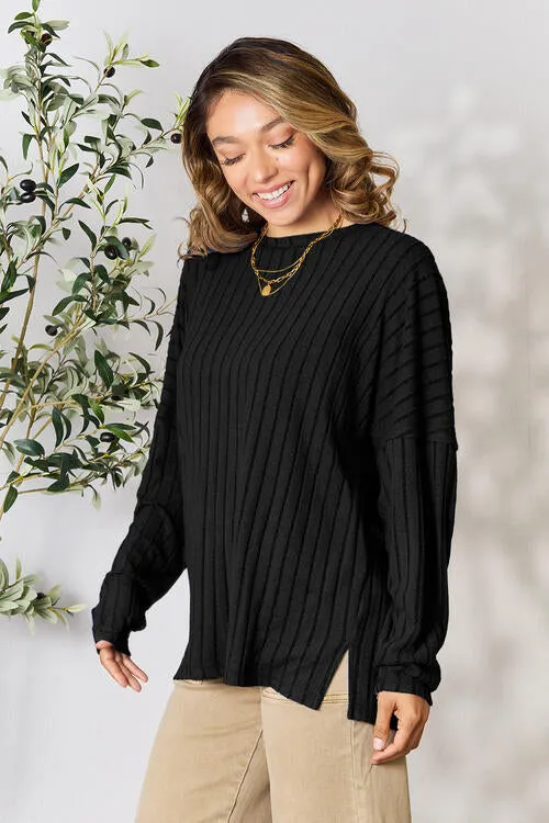 Basic Bae Full Size Ribbed Round Neck Slit Top (2 Colors)
