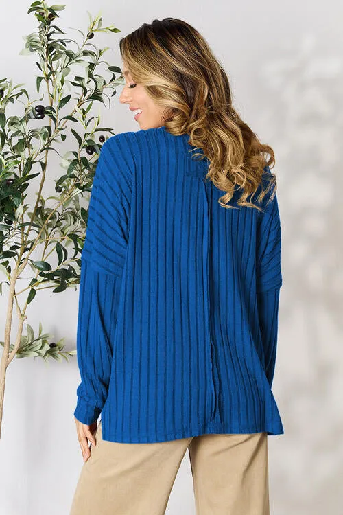Basic Bae Full Size Ribbed Round Neck Slit Top (2 Colors)