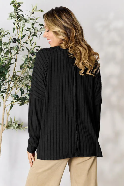 Basic Bae Full Size Ribbed Round Neck Slit Top (2 Colors)