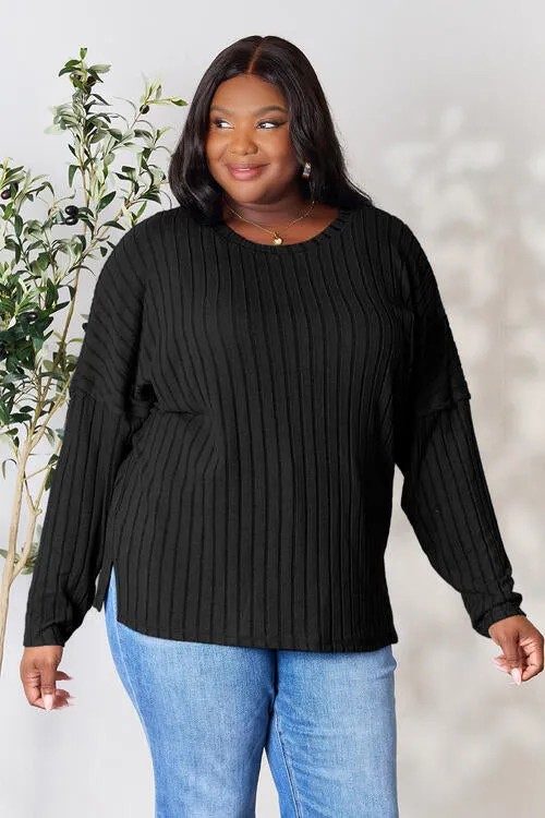 Basic Bae Full Size Ribbed Round Neck Slit Top (2 Colors)