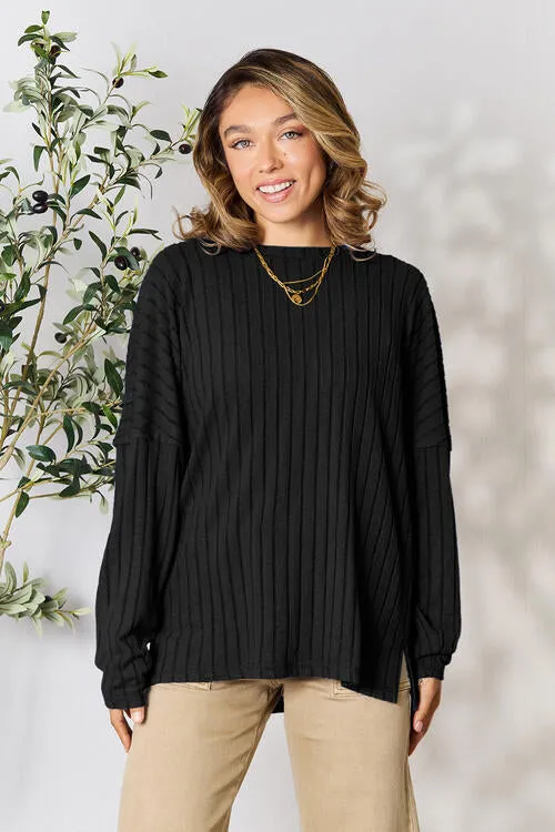 Basic Bae Full Size Ribbed Round Neck Slit Top (2 Colors)