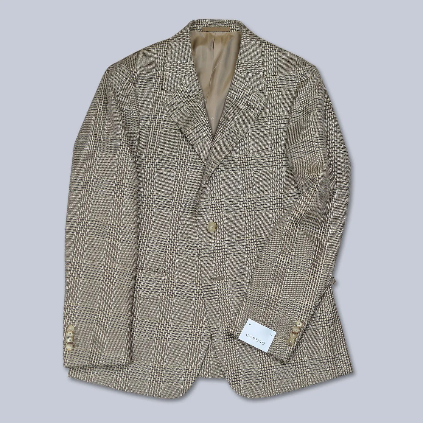 Beige Checked Wool Linen Cotton Silk Blazer