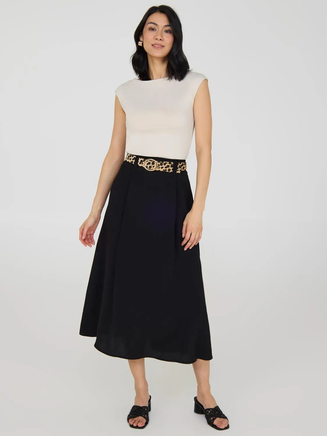 Belted A-Line Midi Skirt