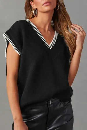 Black Contrast Stitched V Neck Sleeveless Sweater Top