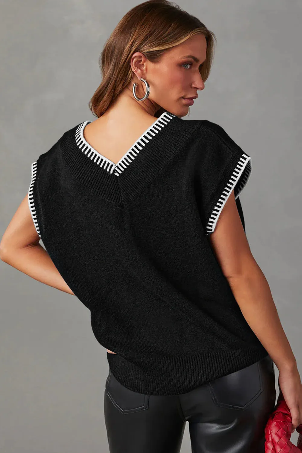Black Contrast Stitched V Neck Sleeveless Sweater Top