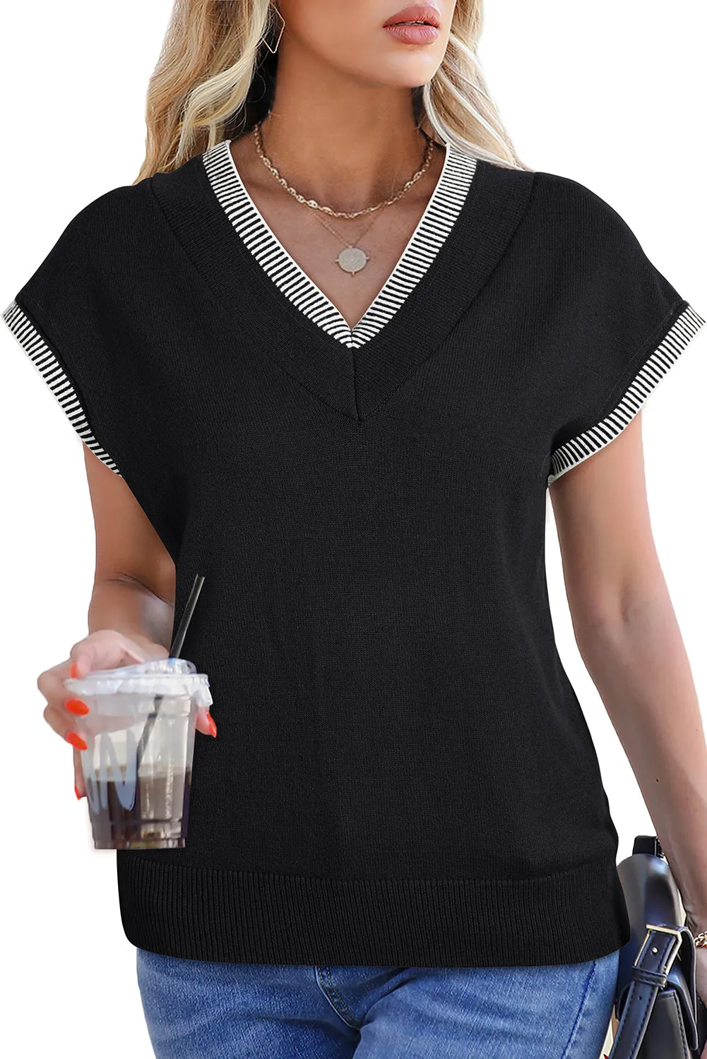 Black Contrast Stitched V Neck Sleeveless Sweater Top