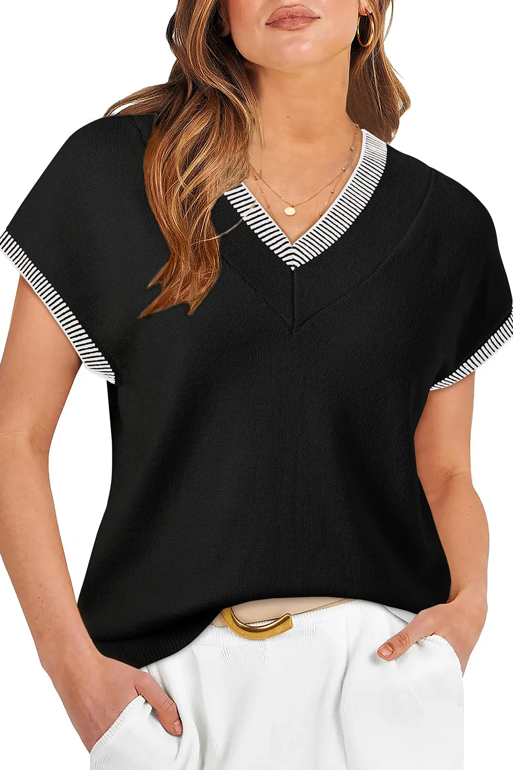 Black Contrast Stitched V Neck Sleeveless Sweater Top