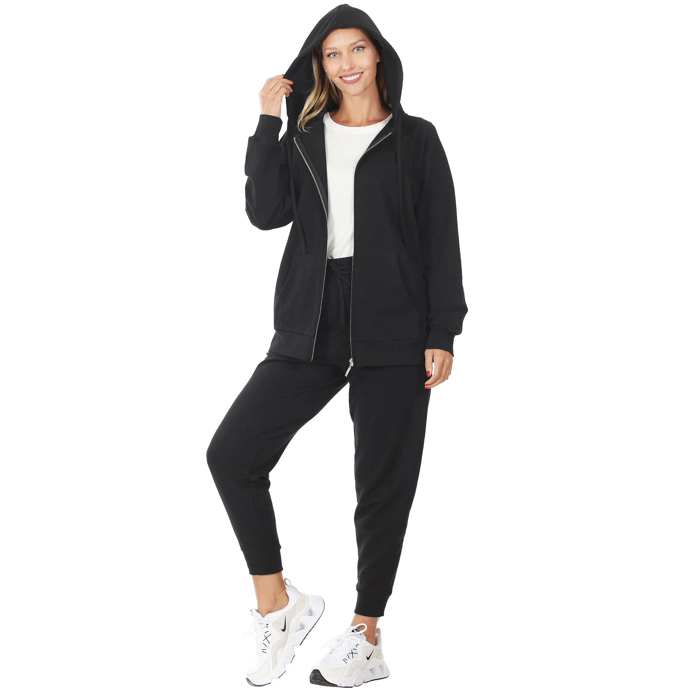 BLACK FRENCH TERRY RAGLAN SLV ZIPPER JACKET & JOGGER SET
