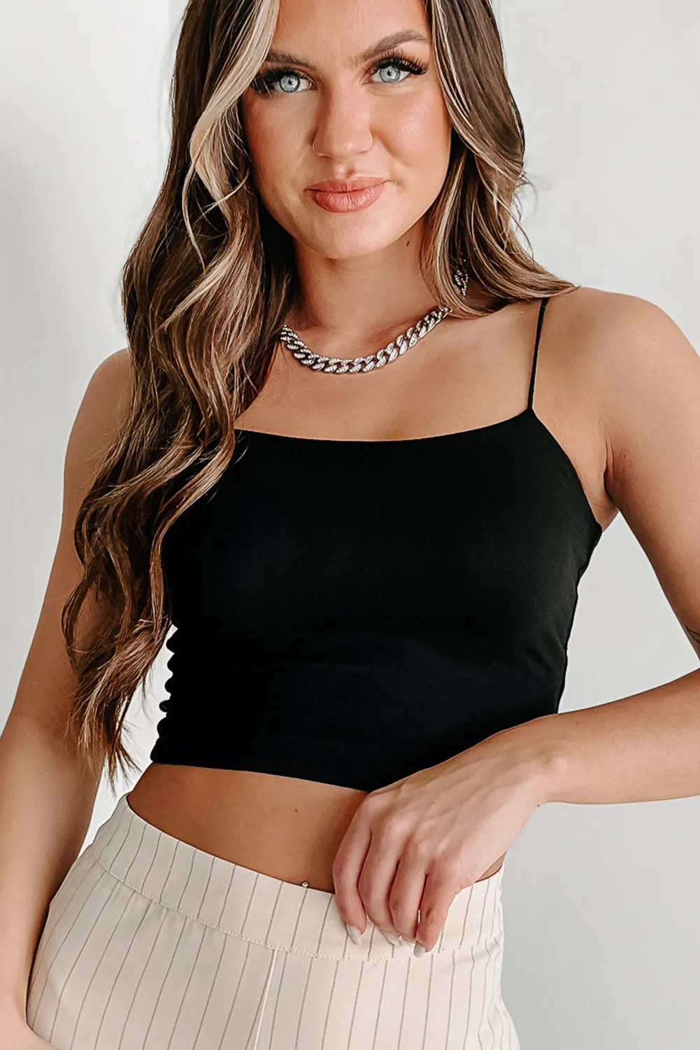 Black Spaghetti Strap Skinny Fit Cropped Tank Top