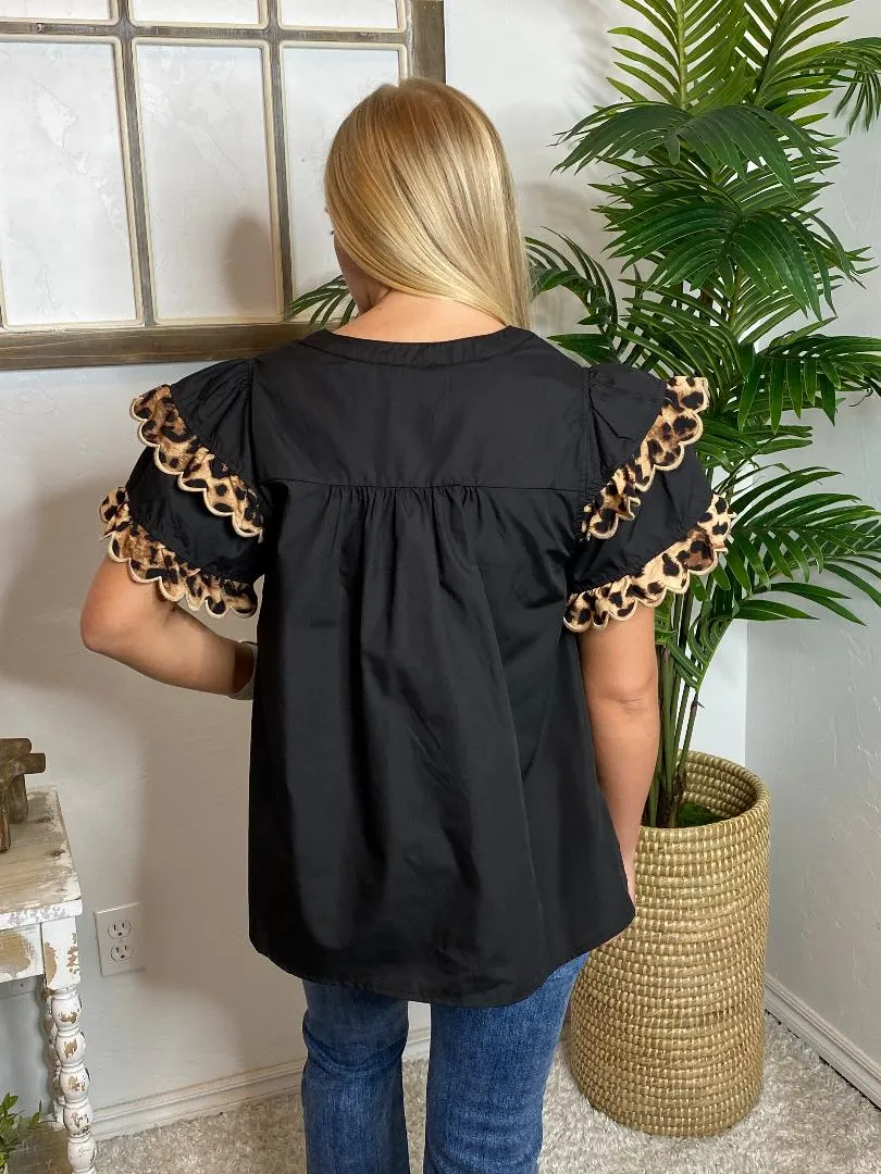 Black Top with Leopard Scallops in Regular & Curvy