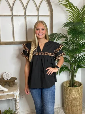 Black Top with Leopard Scallops in Regular & Curvy