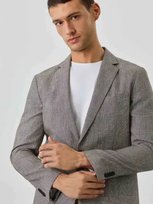 Blazer Com Bolsos De Chapa Half-Canvas De Xadrez Em Linho
