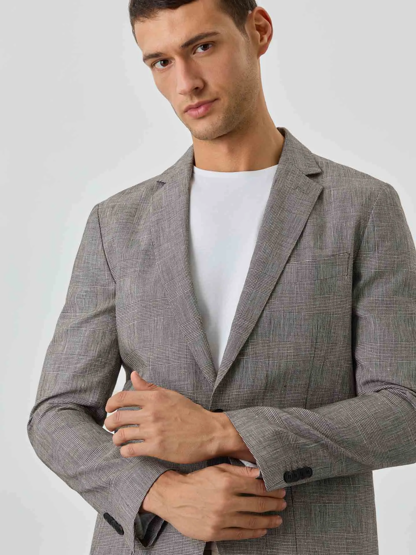 Blazer Com Bolsos De Chapa Half-Canvas De Xadrez Em Linho