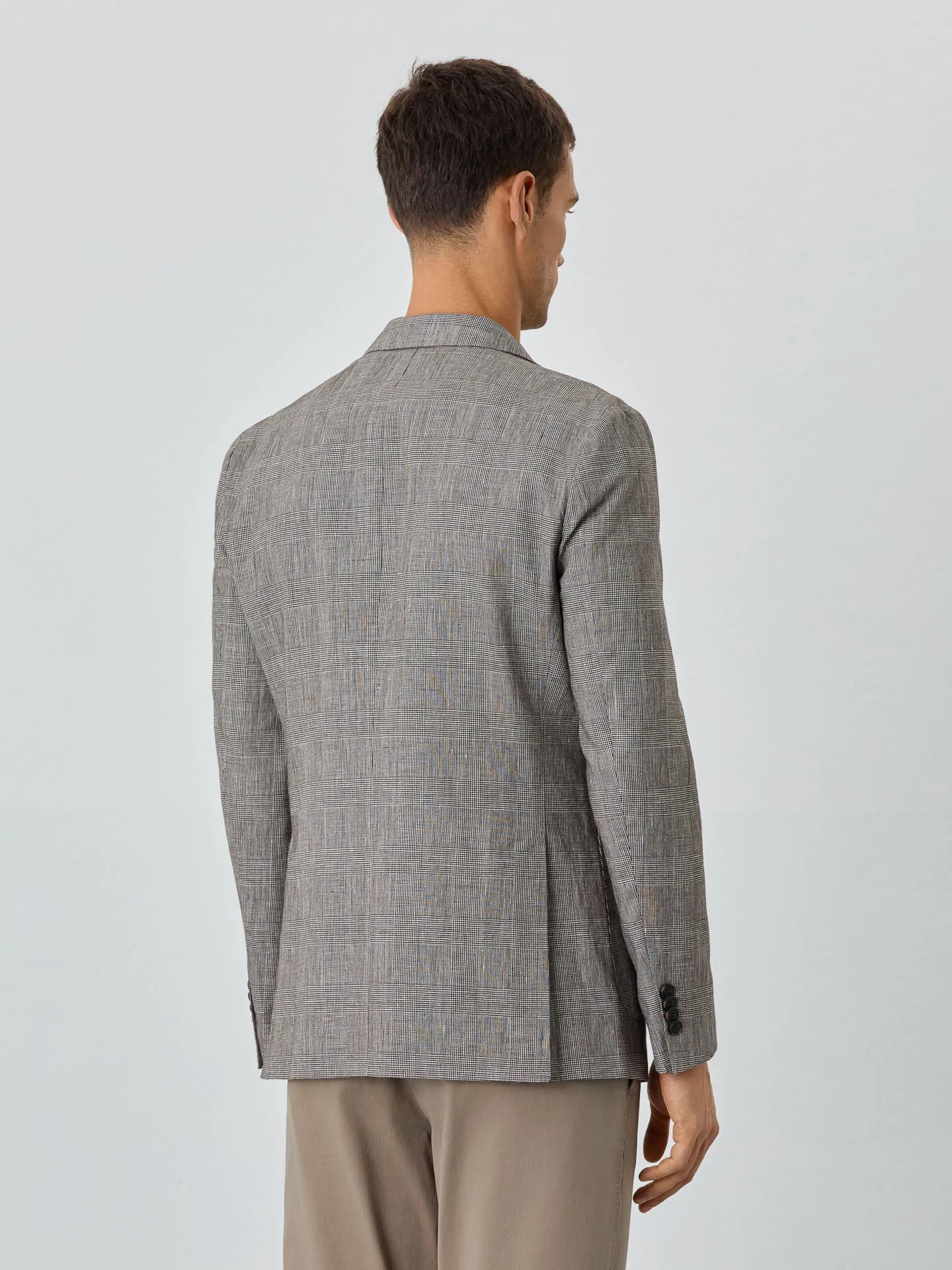 Blazer Com Bolsos De Chapa Half-Canvas De Xadrez Em Linho