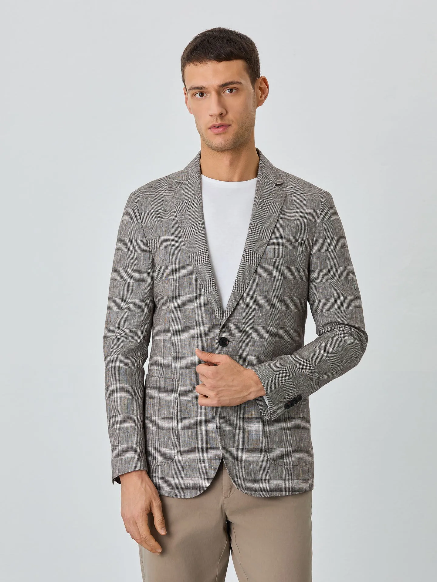 Blazer Com Bolsos De Chapa Half-Canvas De Xadrez Em Linho