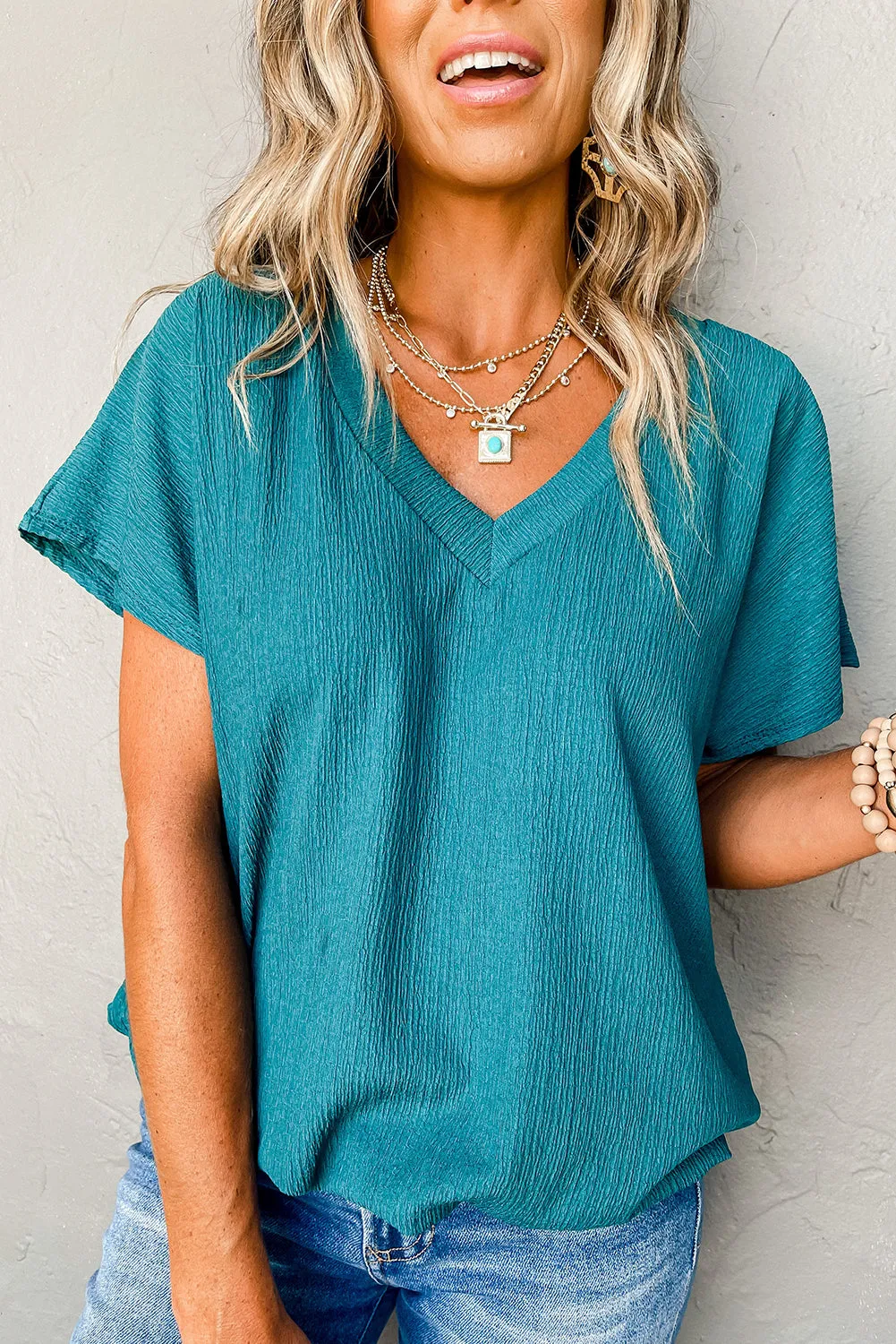 Blue Sapphire Crinkled V Neck Wide Sleeve T-shirt