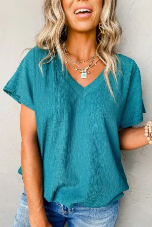 Blue Sapphire Crinkled V Neck Wide Sleeve T-shirt