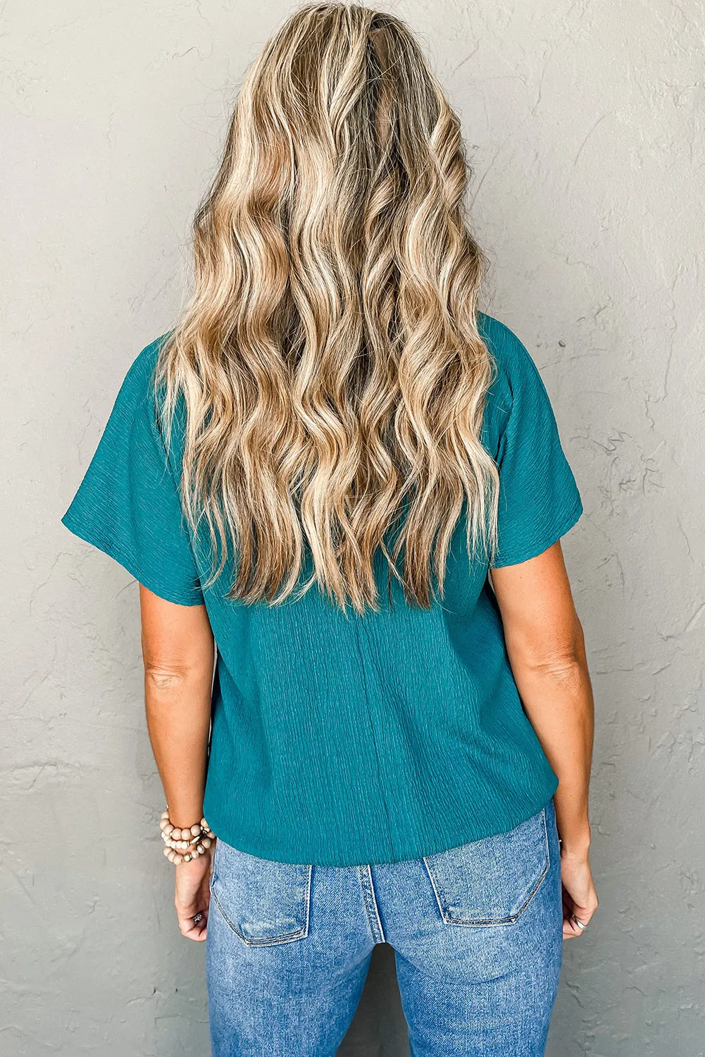 Blue Sapphire Crinkled V Neck Wide Sleeve T-shirt