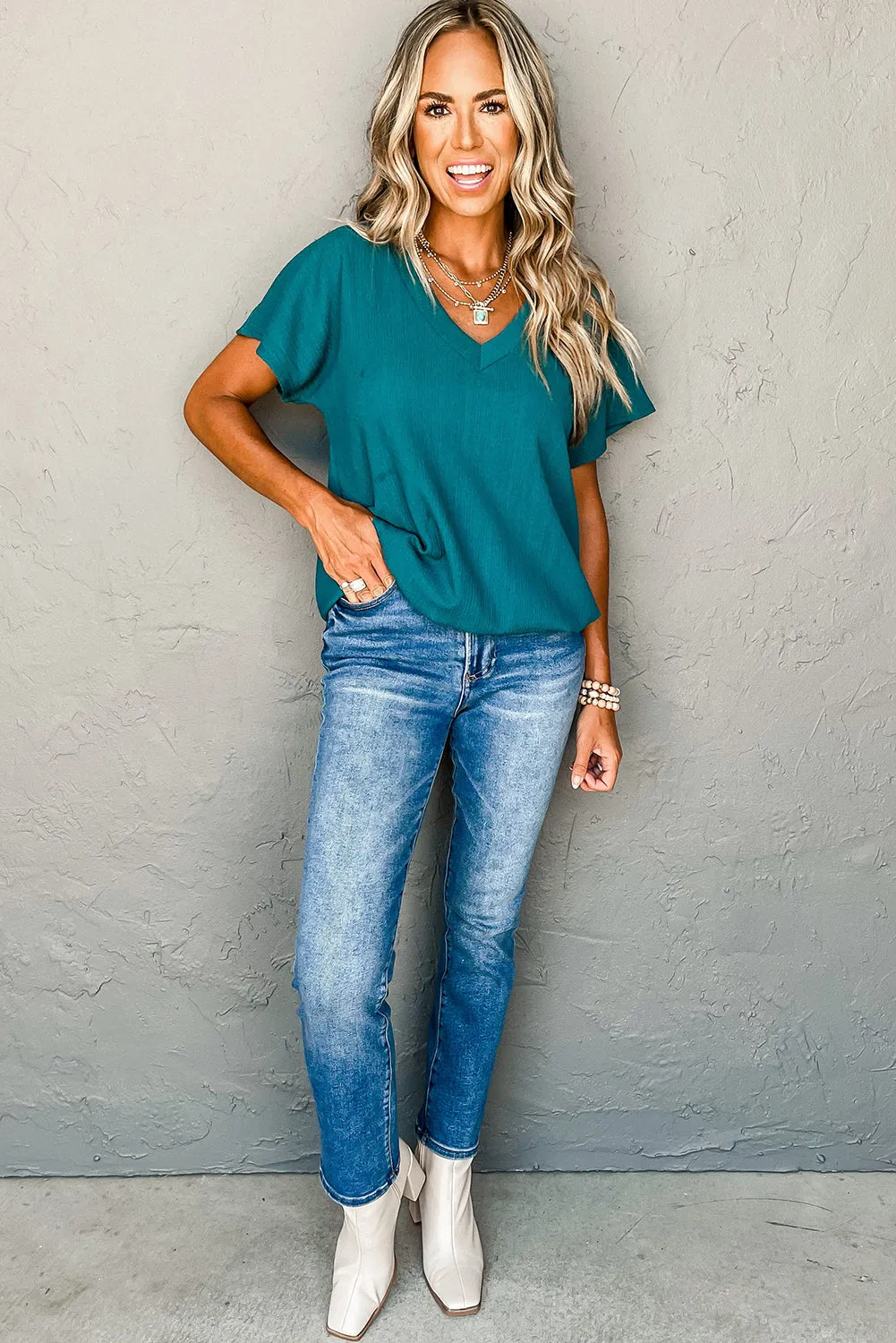 Blue Sapphire Crinkled V Neck Wide Sleeve T-shirt