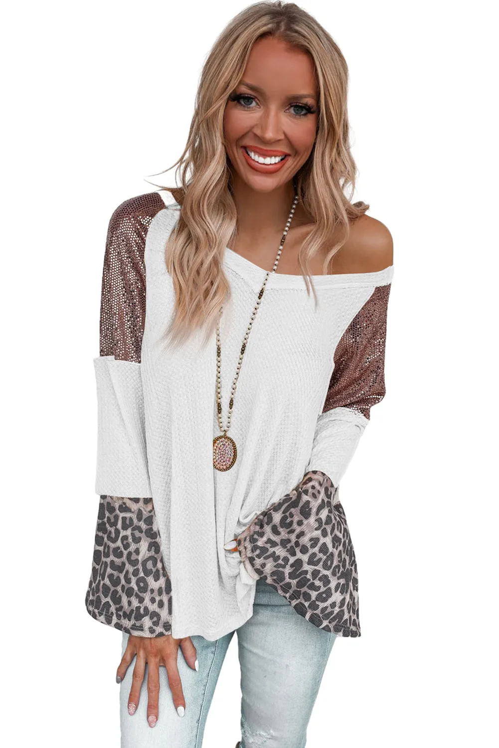 Bright White Sequin Patchwork Bell Sleeve V Neck Tunic Top
