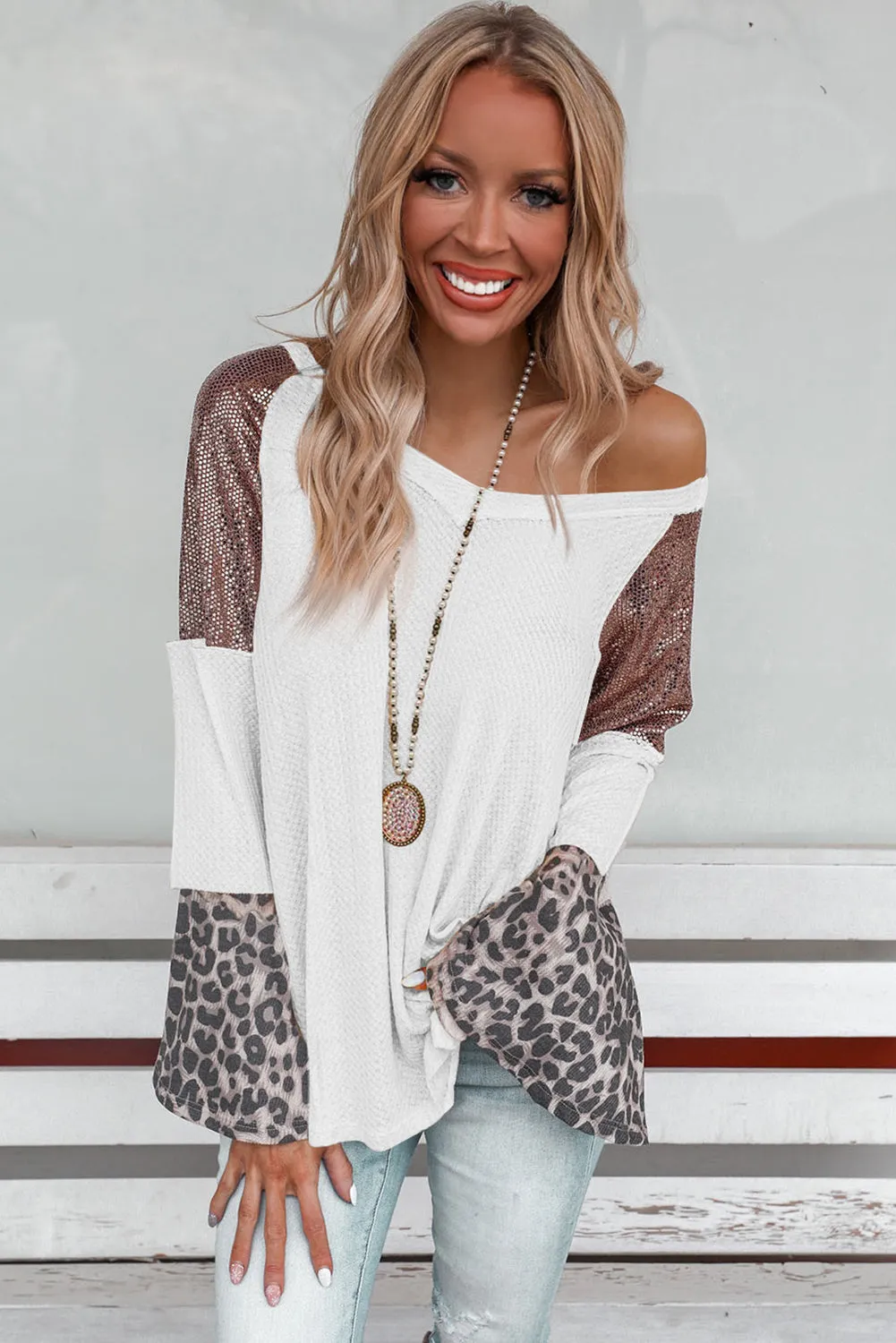 Bright White Sequin Patchwork Bell Sleeve V Neck Tunic Top