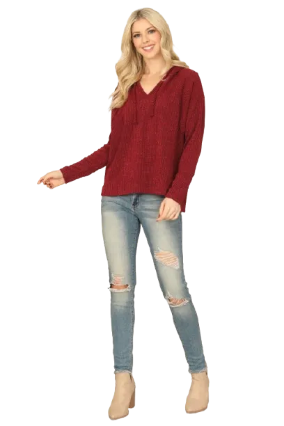 Burgundy V Neck Long Sleeve Hoodie Knitted Top - Pack of 6