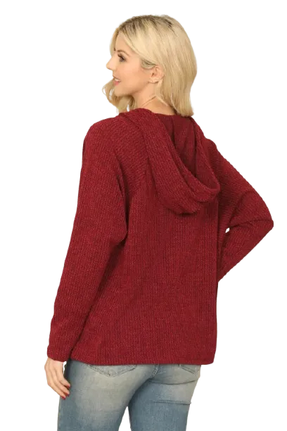 Burgundy V Neck Long Sleeve Hoodie Knitted Top - Pack of 6