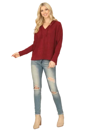 Burgundy V Neck Long Sleeve Hoodie Knitted Top - Pack of 6