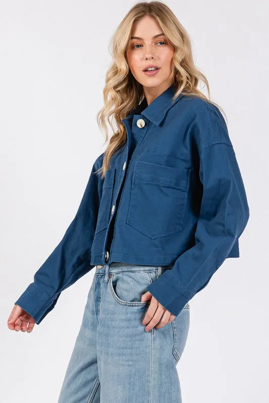 Button Down Cropped Denim Jacket with Patch Pockets S-L
