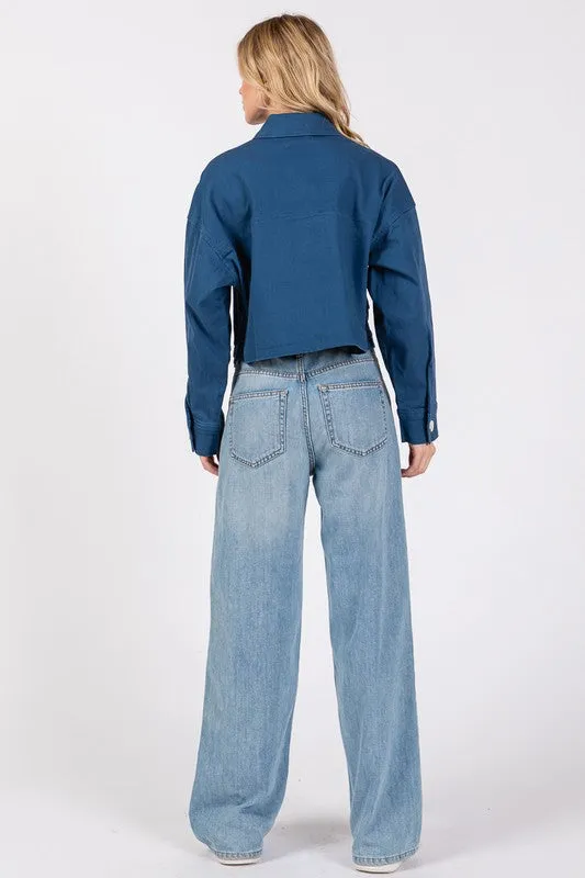 Button Down Cropped Denim Jacket with Patch Pockets S-L
