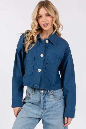 Button Down Cropped Denim Jacket with Patch Pockets S-L