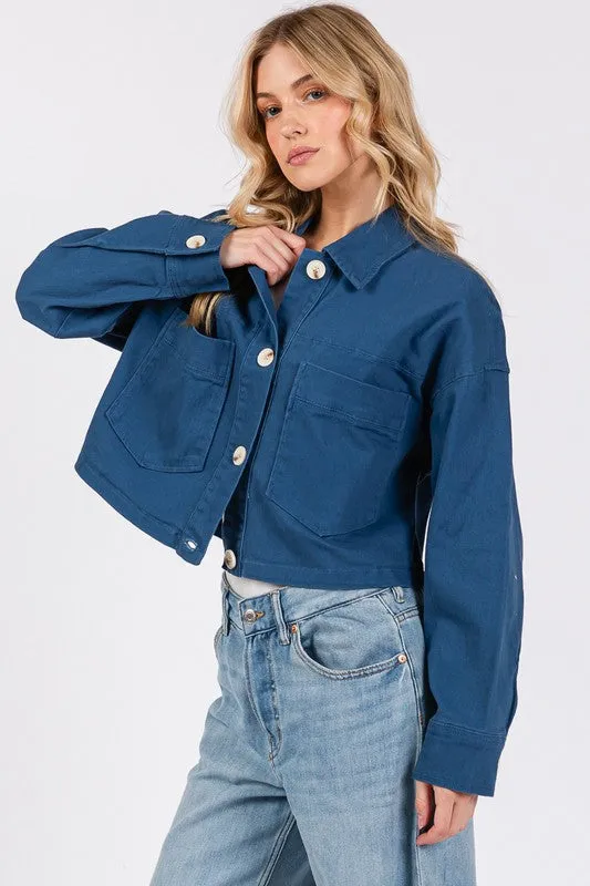 Button Down Cropped Denim Jacket with Patch Pockets S-L