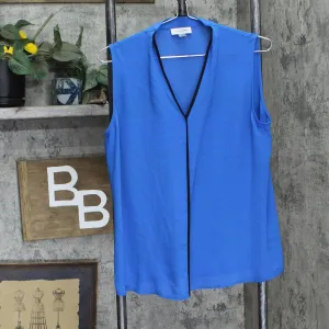 Calvin Klein Womens Pipe Trim Sleeveless Woven Blouse Shirt Top Royal Blue M