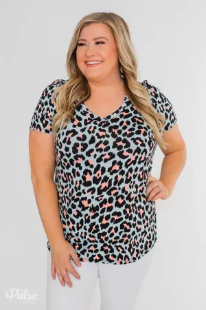 Can't Go Wrong V-Neck Leopard Top- Light Blue & Peach