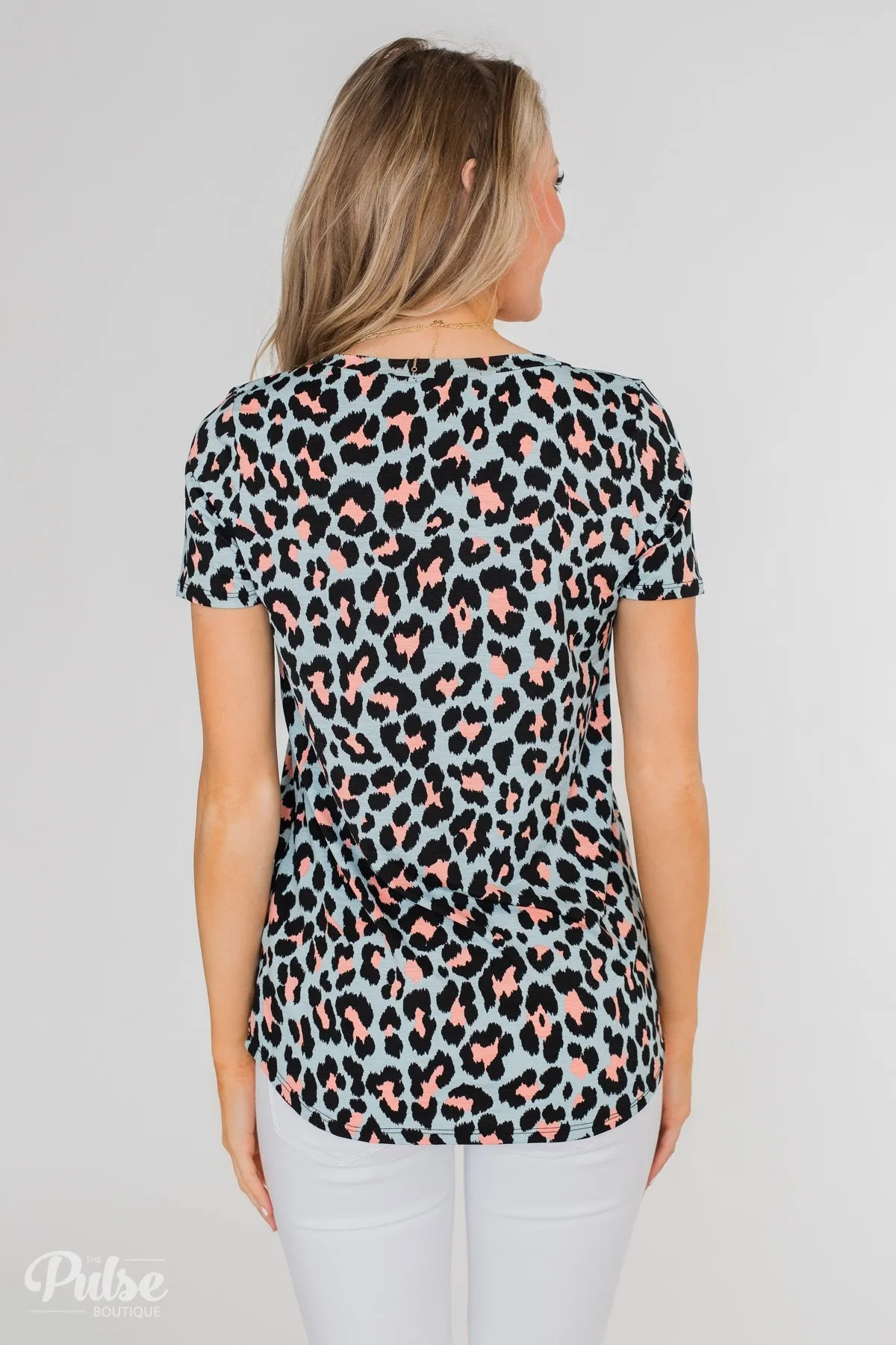 Can't Go Wrong V-Neck Leopard Top- Light Blue & Peach