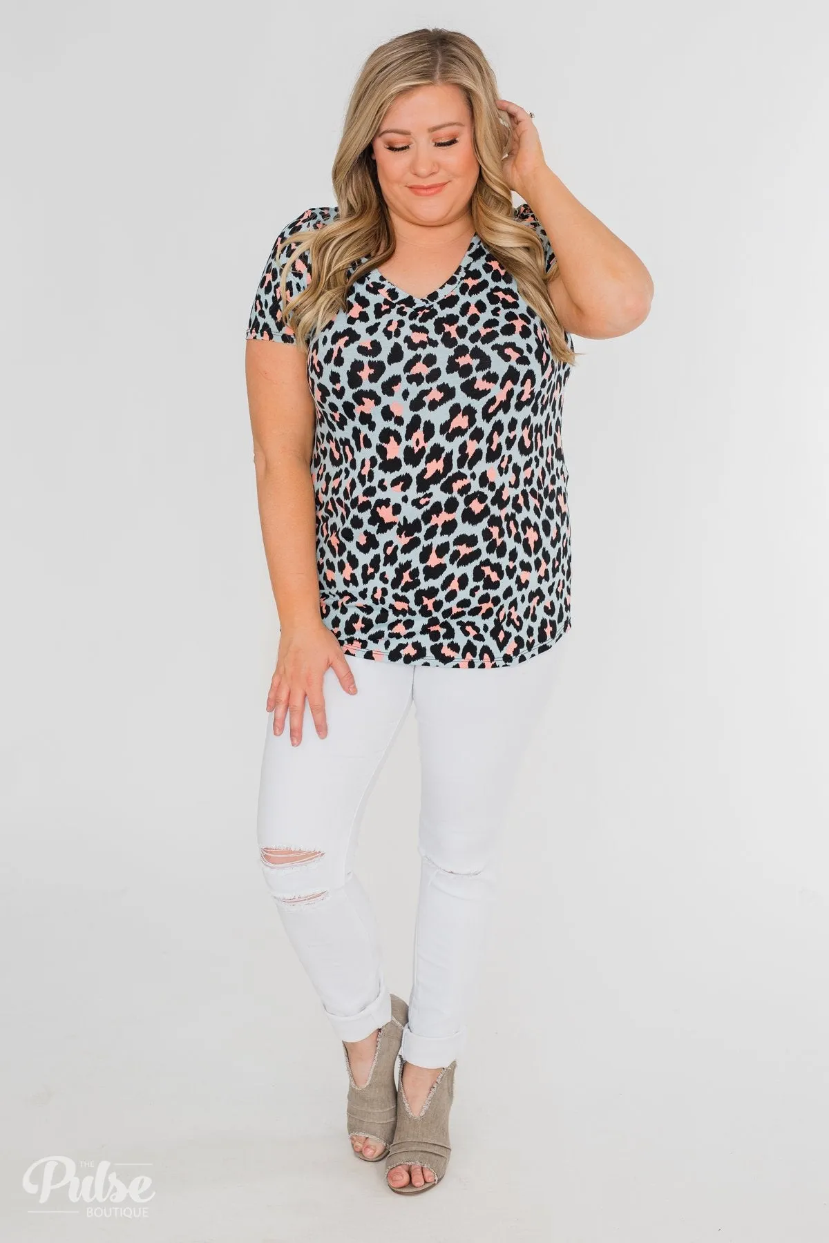 Can't Go Wrong V-Neck Leopard Top- Light Blue & Peach