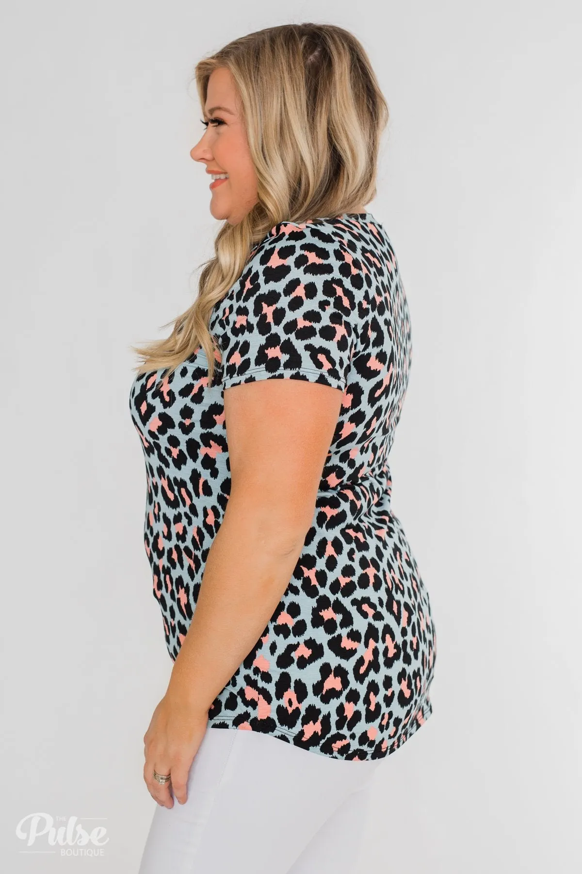 Can't Go Wrong V-Neck Leopard Top- Light Blue & Peach